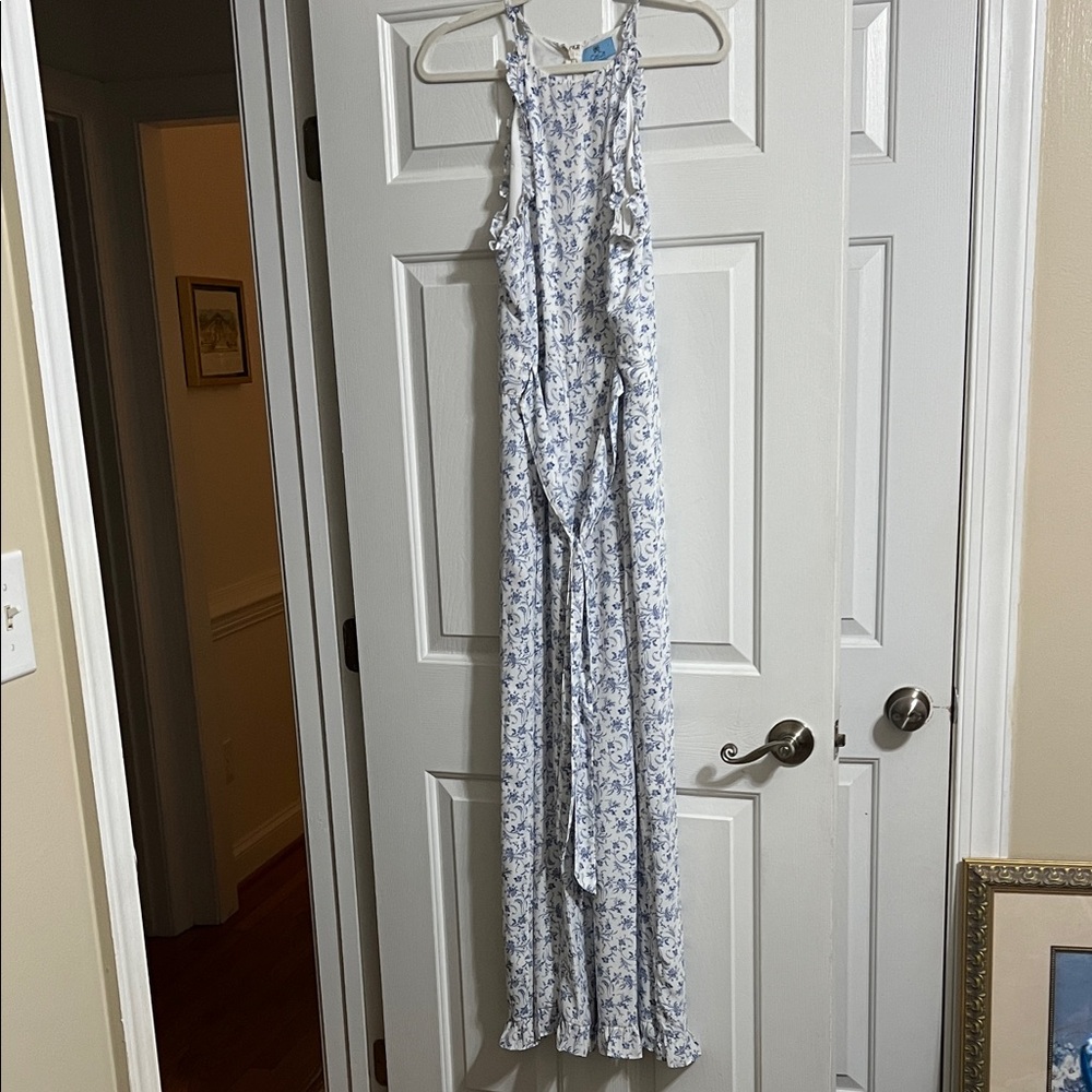 CeCe Blue and White Floral Paisley Ruffle Belted Wide Leg Jumpsuit Size 12
